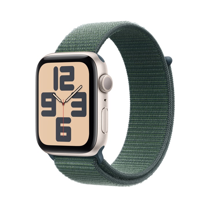 Apple часовник SE2 v3 Cellular, 44 mm, Starlight алуминиев корпус, Lake Green Sport Loop