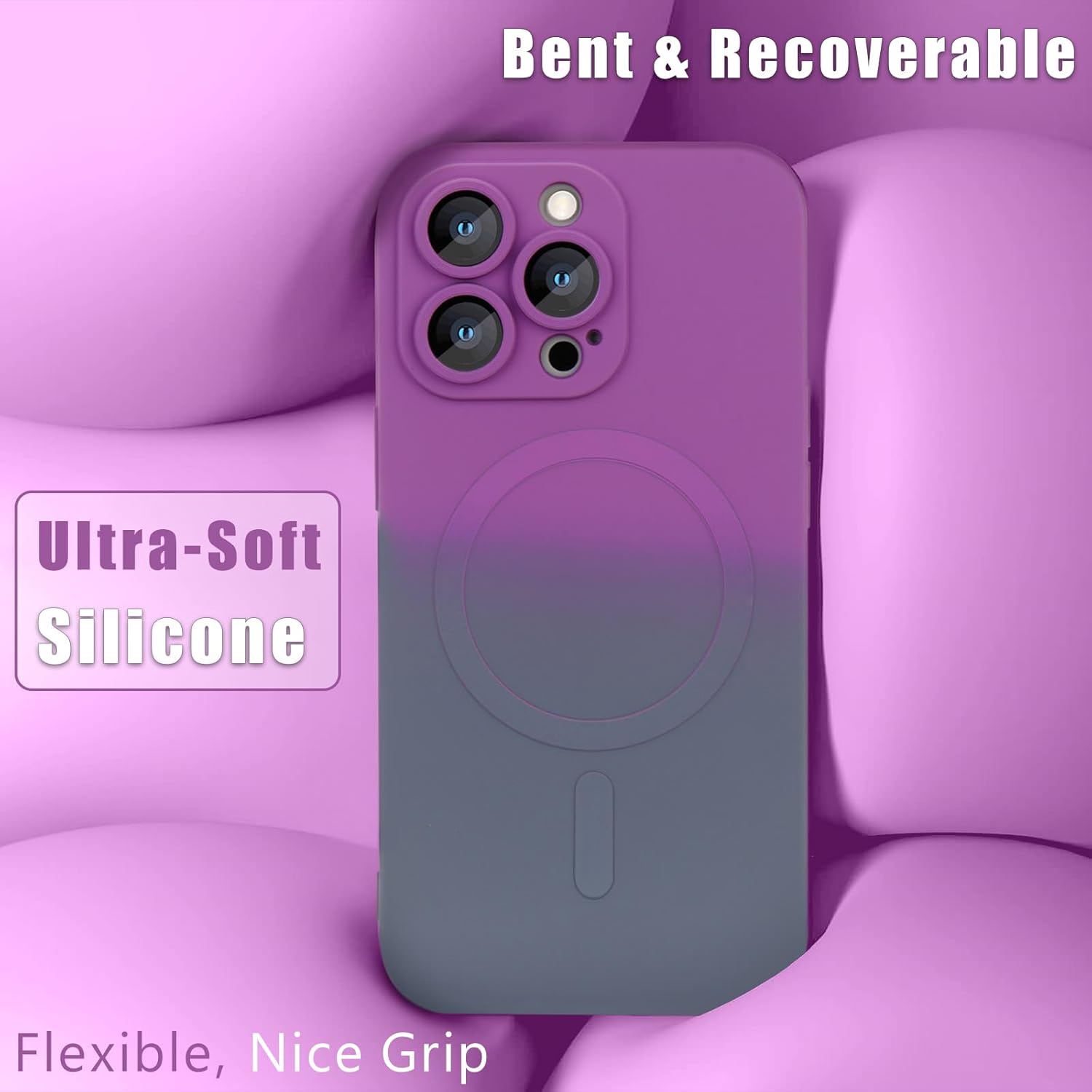 Husa gradient de protectie MagSafe tip bumper compatibila cu Apple iPhone 16 plus, enkourakoko®, Gri Violet