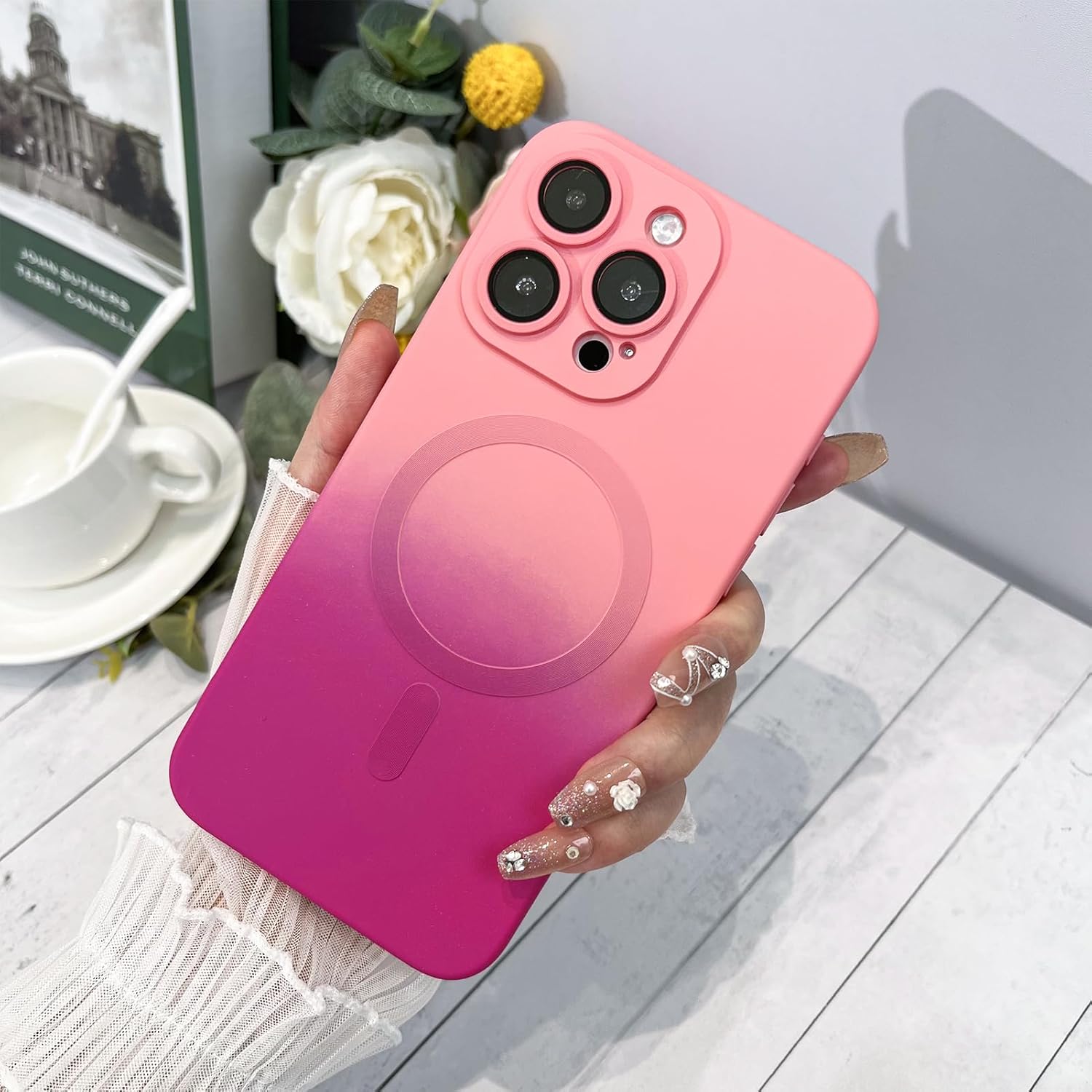Husa gradient de protectie MagSafe tip bumper compatibila cu Apple iPhone 16 plus, enkourakoko®, Roz