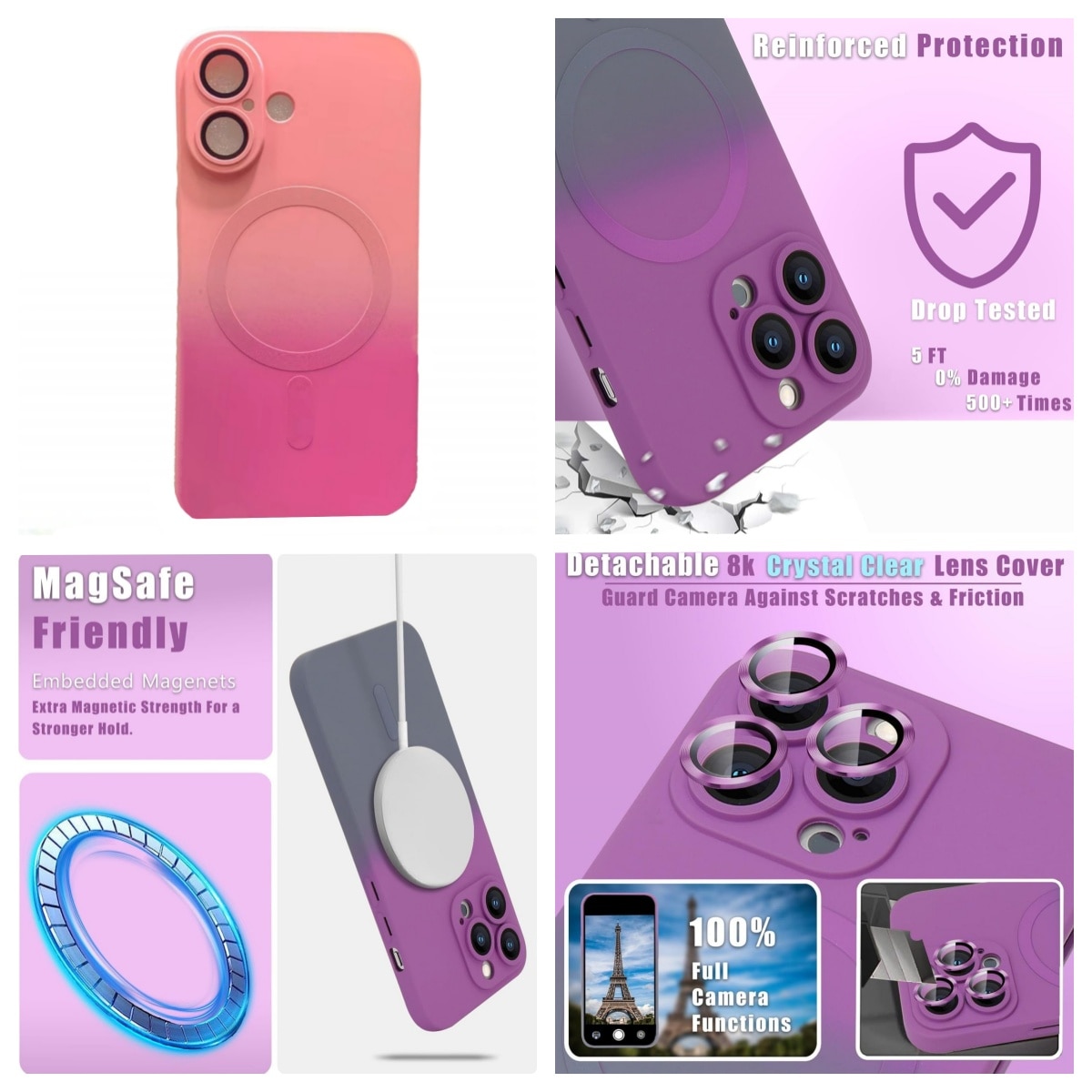 Husa gradient de protectie MagSafe tip bumper compatibila cu Apple iPhone 16 plus, enkourakoko®, Roz