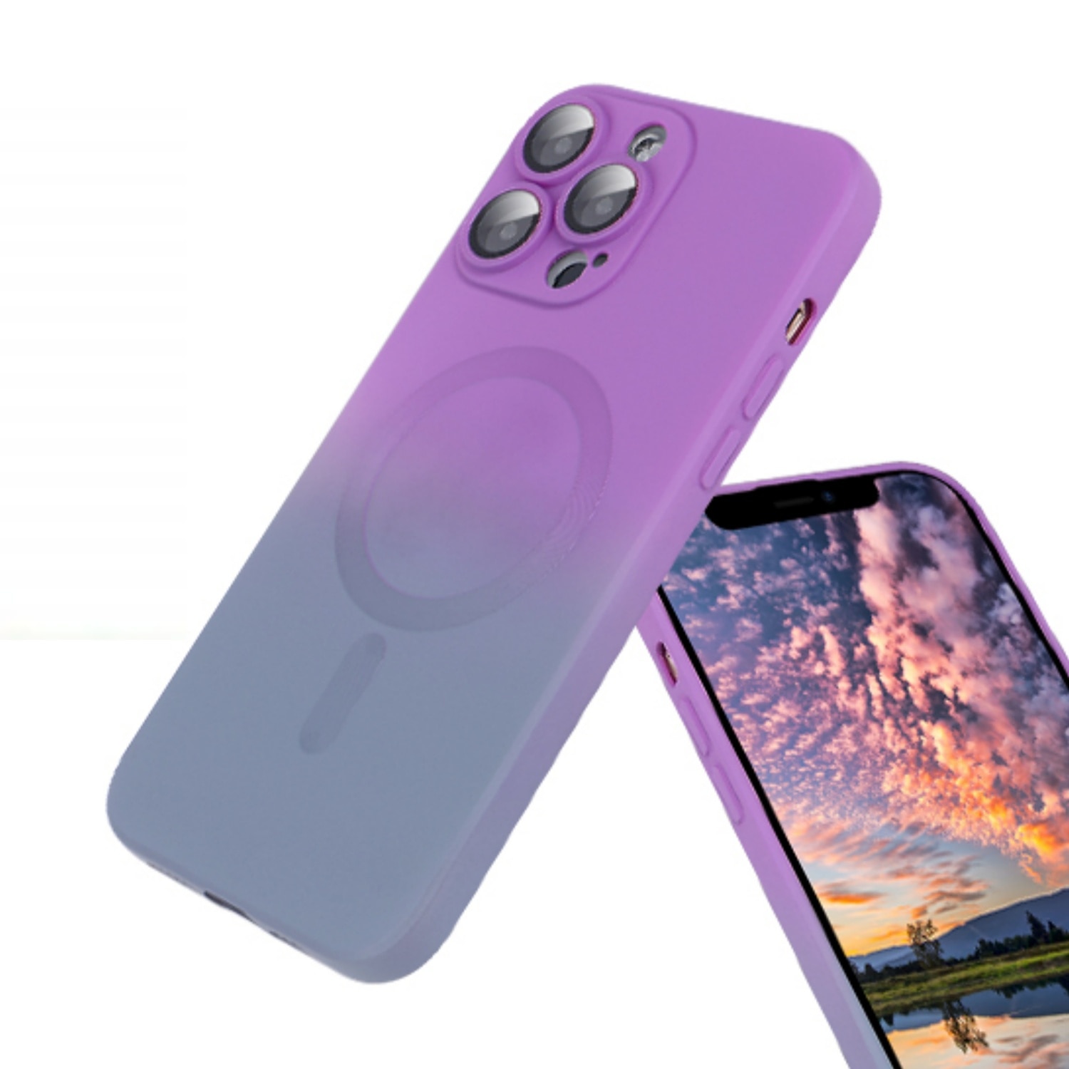 Husa gradient de protectie MagSafe tip bumper compatibila cu Apple iPhone 16 pro max, enkourakoko®, Gri Violet