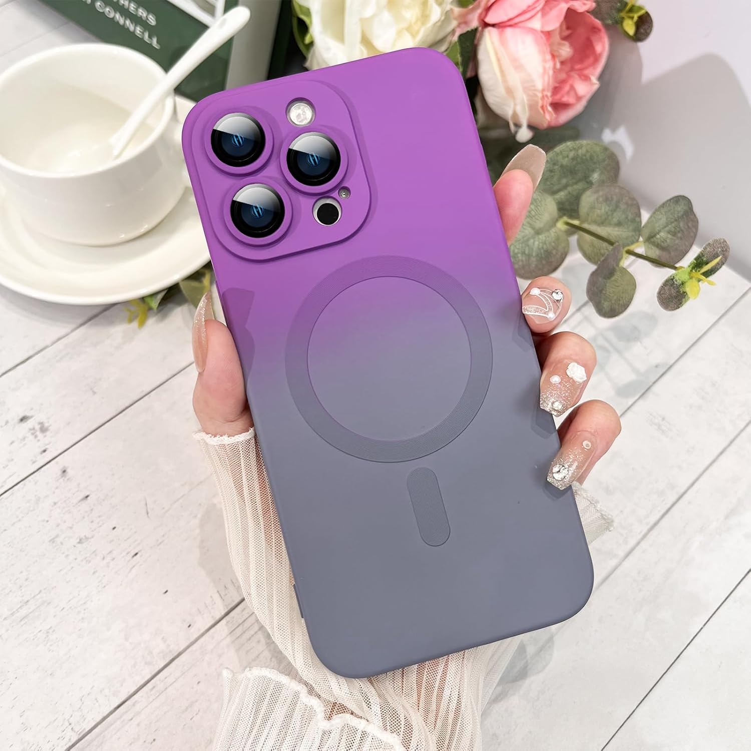 Husa gradient de protectie MagSafe tip bumper compatibila cu Apple iPhone 16 pro max, enkourakoko®, Gri Violet