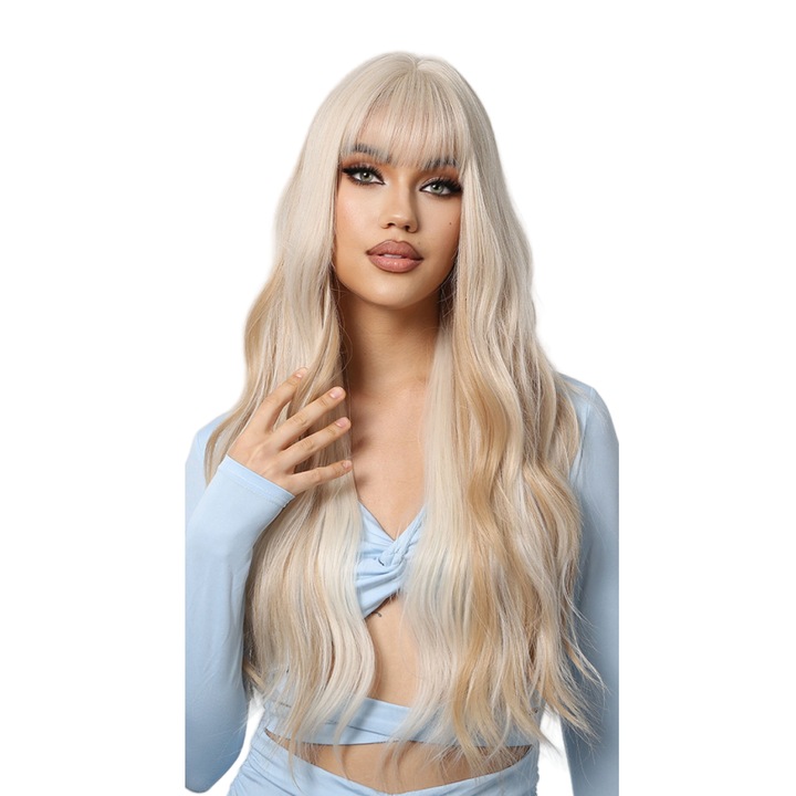 Дамска перука, дълга къдрава коса, високотемпературна коприна, бяло злато