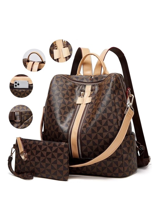 2 db-os táska, hátizsák/válltáska és pénztárca, eco-bőr, többfunkciós, 32x15x32cm