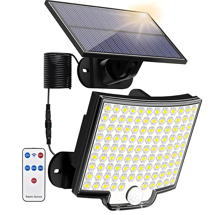 Lampa solara exterioara, 106 LED, senzor de miscare, IP65, cablu 5m, montare pe perete