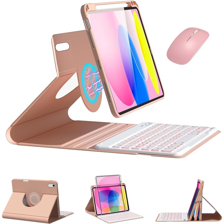 Калъф за клавиатура за Apple iPad, VINTOP®, съвместим с iPad 10th Gen 2022, 10.9", 7-цветна осветена безжична клавиатура, Bluetooth, USB-C, розов