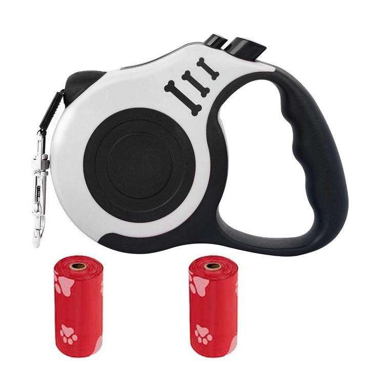 Lesa retractabila SANSAME, 5M, usoara, cu bol pliabil si dispenser, pentru caini mici si medii, multicolor