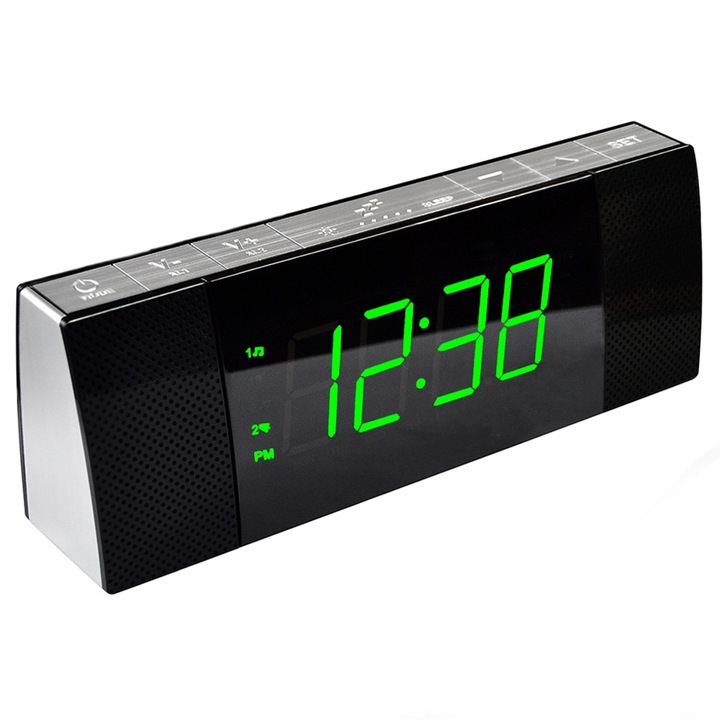 Radio cu ceas, Digital FM, iTOMA, Difuzor Stereo Bluetooth, 2 Alarma, Ecran LED Verde cu Ecran Mare