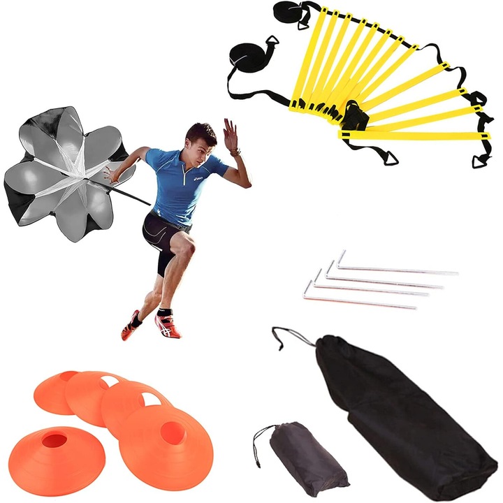 Професионална стълба за ловкост, комплект оборудване за тренировка с футболни конуси, препятствия, въже за скачане, парашут за бягане за цялостно подобряване на уменията, 19,6 фута