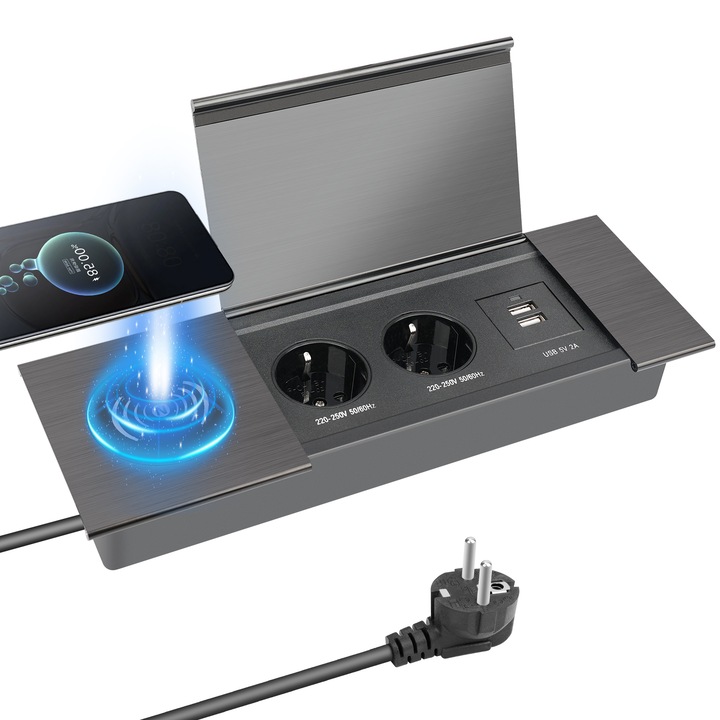 Гнездо за плот, Wurdan, 28*10*5 см, безжично зареждане, 2 гнезда Shucko, 2 USB с 2A 5V зареждане, с 1,8-метров кабел, капачка, черен