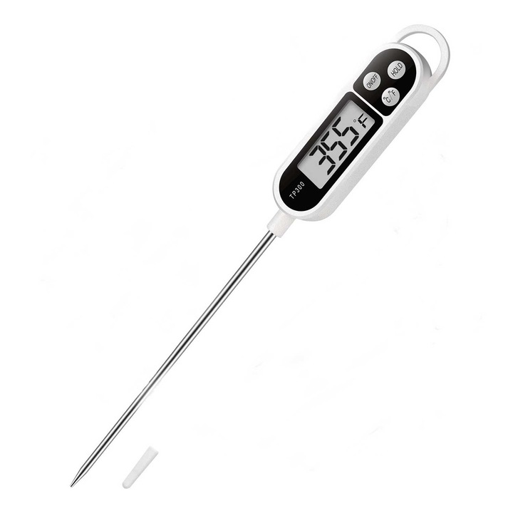 Termometru alimentar digital, citire rapida, sonda 14cm, rezistent apa, usor de utilzat, Pentru carne, lichid, OUYLAF, alb