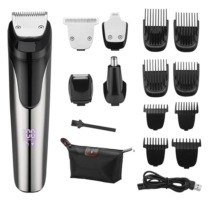 Masina de Tuns si de Ras, Afisaj Digital LED, Parul Corporal, Nas, Urechi, proiectata ergonomic, Usor de transportat, 15 Accesorii, impermeabila, Profesional, Reincarcabil, Saculet de voiaj Inclus, YQLAFT, Negru