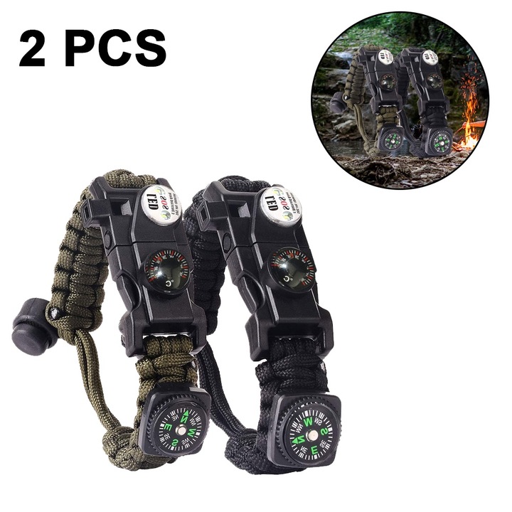 Set 2 bratari supravietuire QttvbTna, paracord, fluier, busola, aprinzator, Negru/Verde