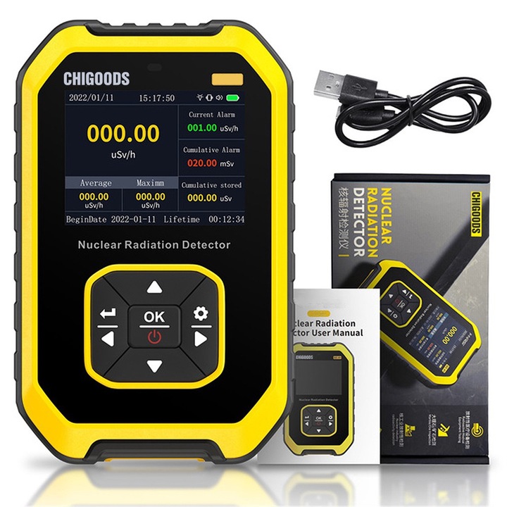 Detector de radiatii nucleare CHIGOODS®, contor Geiger-Miller, masoara intensitatea radiatiei ionizante de tip gama, beta si X, dozimetru portabil