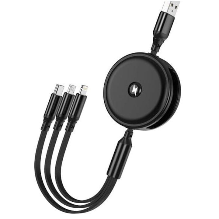 JELLICO B19 3 az 1-ben adat-/töltőkábel, visszahúzható, 1,2 m, USB-A-USB-C/Lightning/MicroUSB, 3.1A, fekete