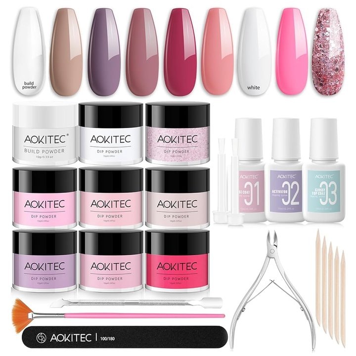 Set de unghii cu pulbere de imersie, Aokitec, 9 culori, 10g, 3 unelte profesionale, fara lampa de uscare