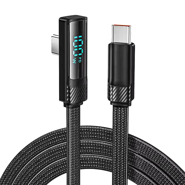 Кабел за зареждане и пренос на данни, Timebox, Fast Charge 100W, 90° ъгъл, 480Mbps, 2m, Smart LED дисплей, USB-C към Type-C, Съвместим с Macbook, Android, Samsung, Huawei, Xiaomi, черен