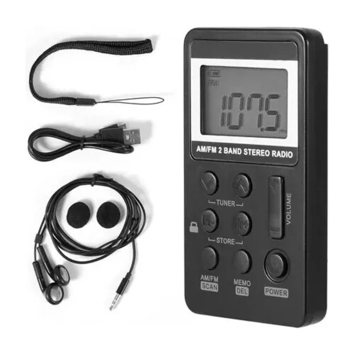 Hordozható digitális AM/FM rádió, kétsávos, 31 hangerőszint, 84x48x12mm, fekete