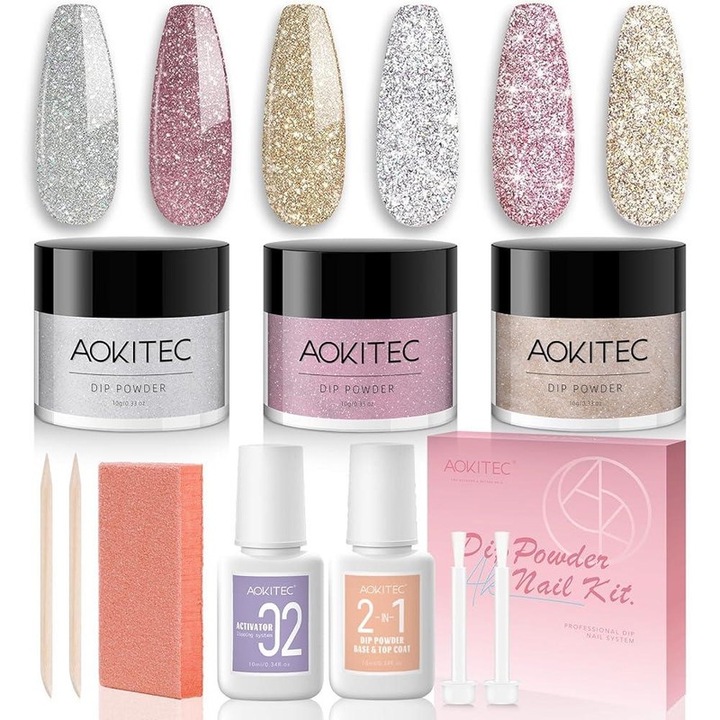 Set 11 piese pudra pentru unghii, Aokitec, 3 culori, 10g, fara lampa UV