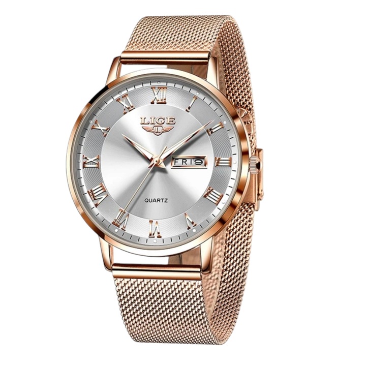 Дамски часовник LIGE, японски кварц, подсилено минерално стъкло, светещи стрелки, водоустойчив, календар, бял с розово злато
