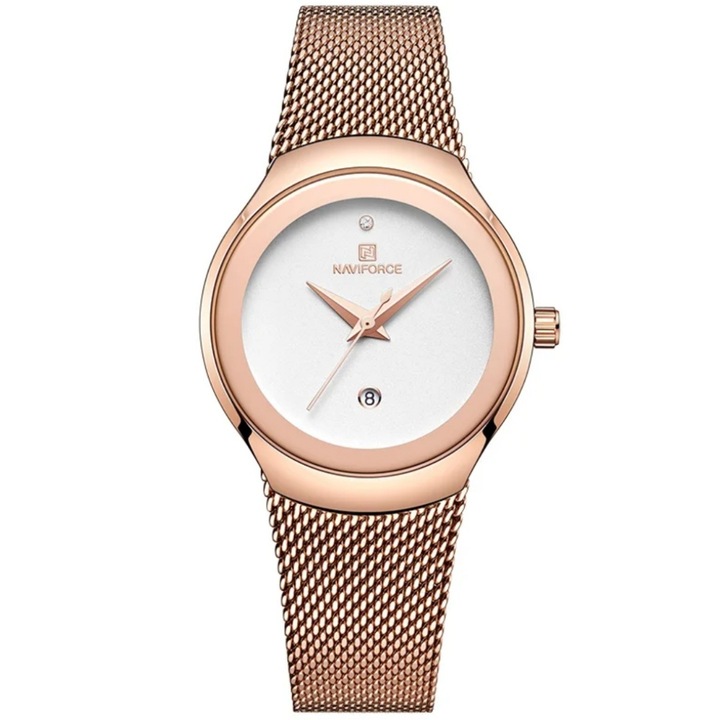 Naviforce női karóra, japán kvarc, megerősített ásványi üveg, vízálló, naptáras, rozéarany