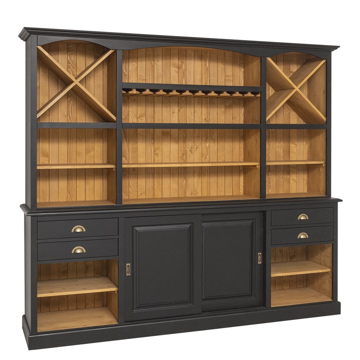 Mobilier de bar cu suport pentru pahare si sticle BAS + SUP, culoare exterior negru P003, culoare interior maro deschis P002, dublu color, 100% lemn masiv, 240x50x210 cm