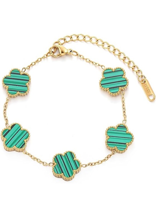 Bratara dama trifoi, patru piese, din otel inoxidabil, verde, 16+5cm