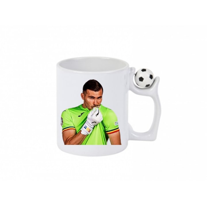 Cana ceramica cu maner fotbal antistres ''Florin Nita - portarul echipei nationale'', alba, 350 ml