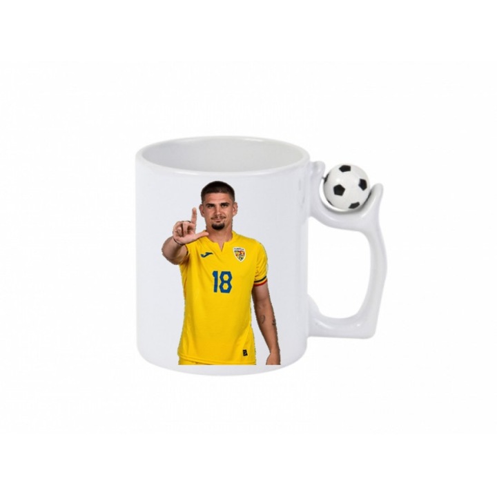 Cana ceramica cu maner fotbal antistres ''Razvan Marin la nationala Romaniei'', alba, 350 ml