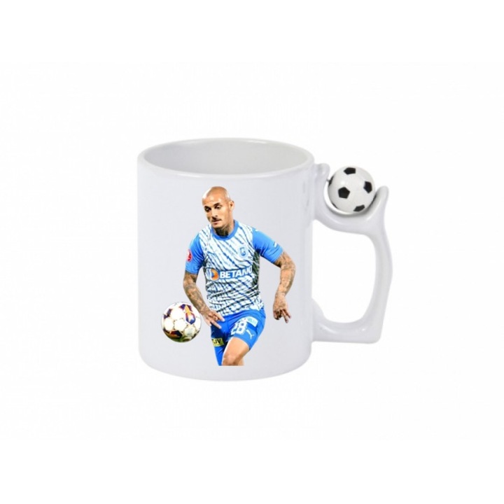 Cana ceramica cu maner fotbal antistres ''Alexandru Mitrita la Universitatea Craiova', alba, 350 ml
