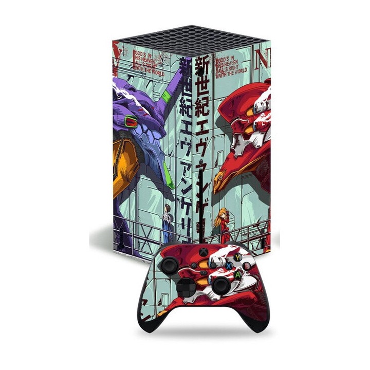 Set folie de protectie pentru consola si 2 pentru controllere Xbox Series X, design Neon Genesis Evangelion, multicolor