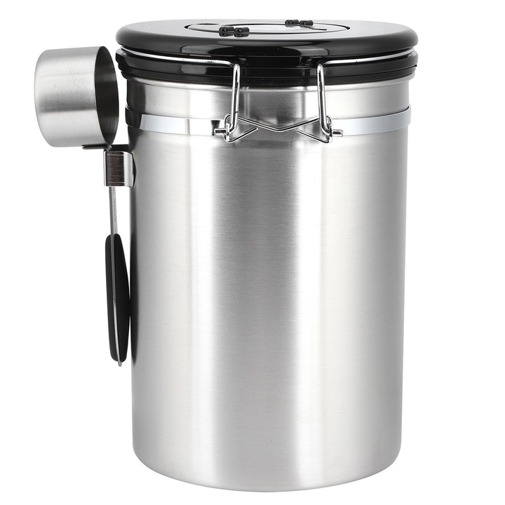 Recipient de cafea sigilat sub vid, Pastrator de prospetime pentru boabe intregi sau cafea macinata, Pastrator de aroma cu indicator de data, Otel inoxidabil 304 de calitate alimentara de 1,8 L