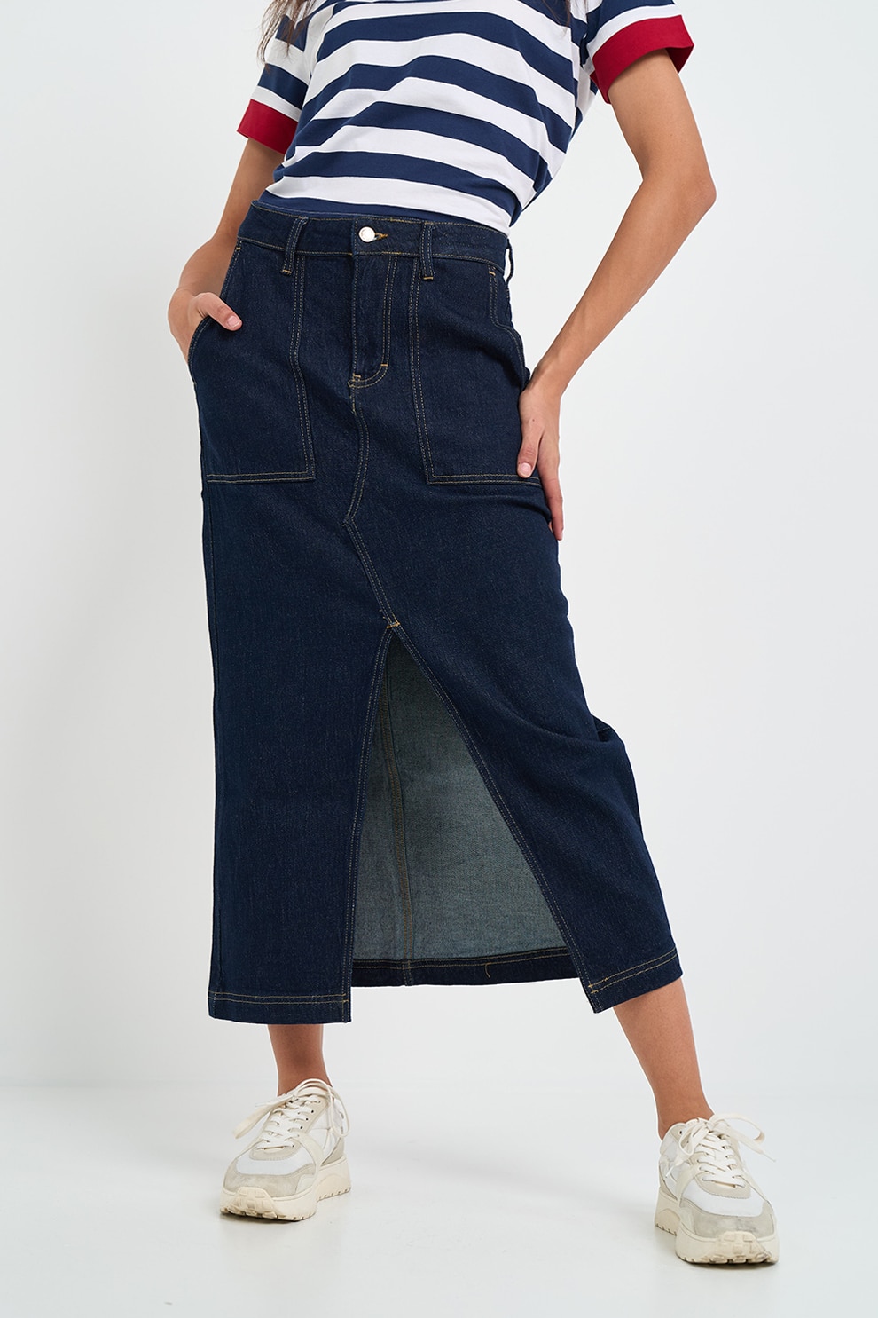 Lee Cooper, Fusta midi de denim cu slit frontal, Albastru inchis, XS