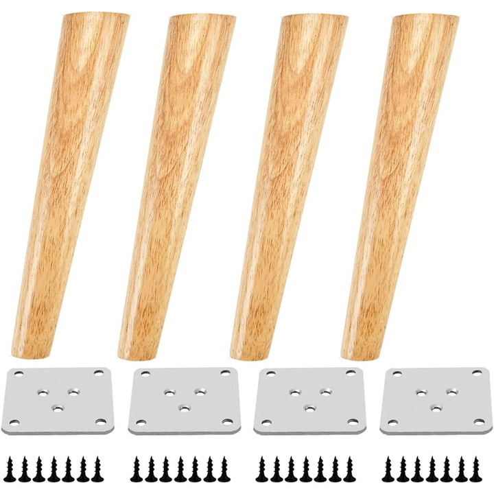 Set de 4 picioare de mobilier din lemn de stejar, 20x3.8cm, culoare lemn, cu suruburi si placi de montaj