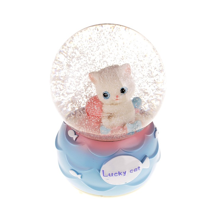 Játék hógömb, cica, zenés, világító, műanyag/üveg, 8x12 cm