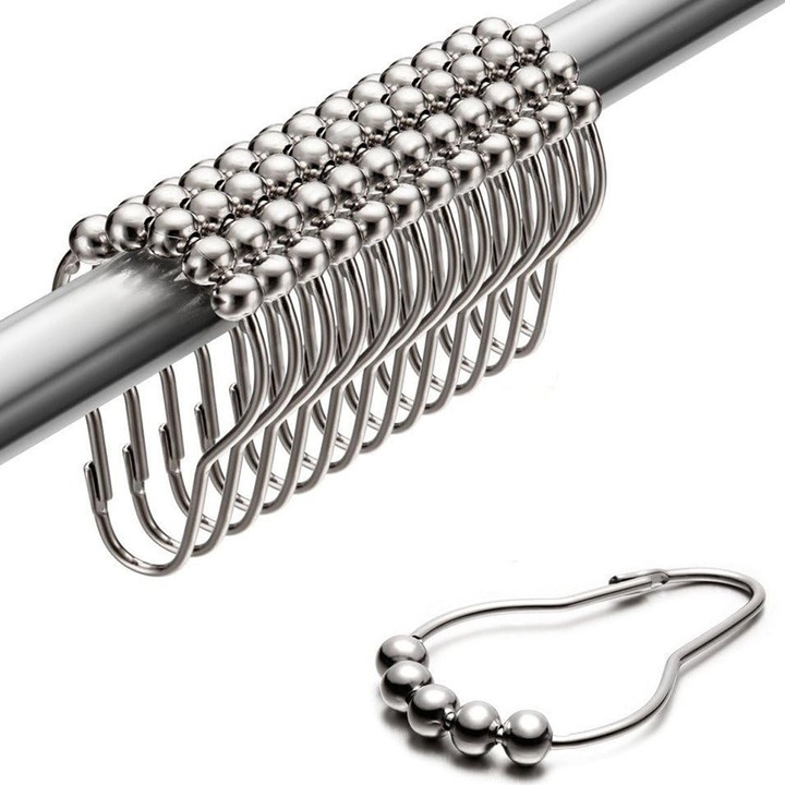 Carlige pentru perdele de dus, Enforose, set 12, inox, alunecare fara efort