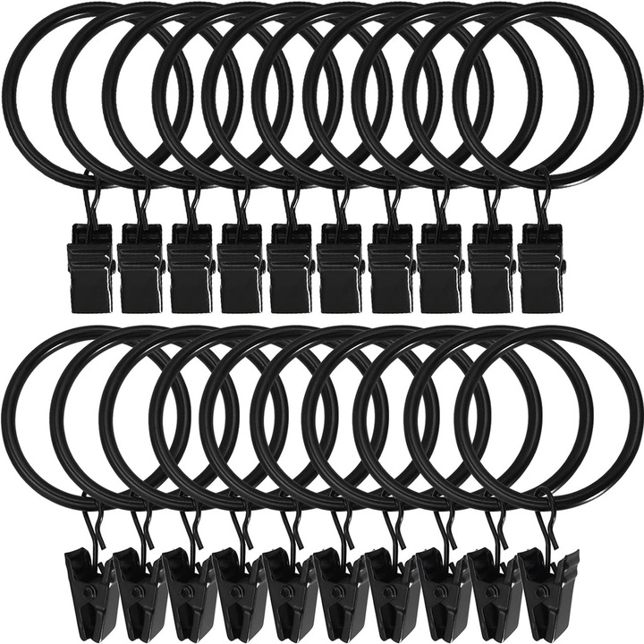 Set 20 carlige metalice negre pentru draperii, rezistente, 3lb, 3cm