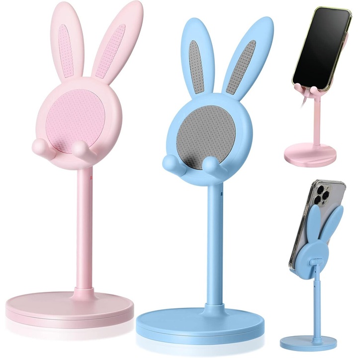 2 db Rabbit telefontartó készlet, állítható magasságú és szögű, rózsaszín és kék, 32 cm