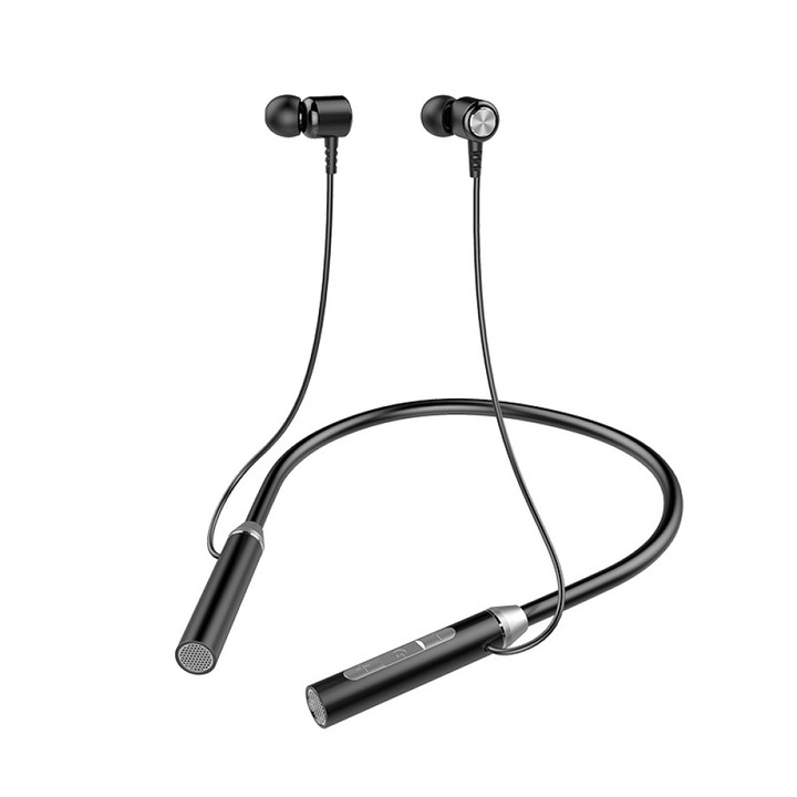 Vezeték nélküli sport fülhallgató, Bluetooth 5.0 technológia, mágneses kialakítás, könnyű, 8 óra üzemidő, fekete