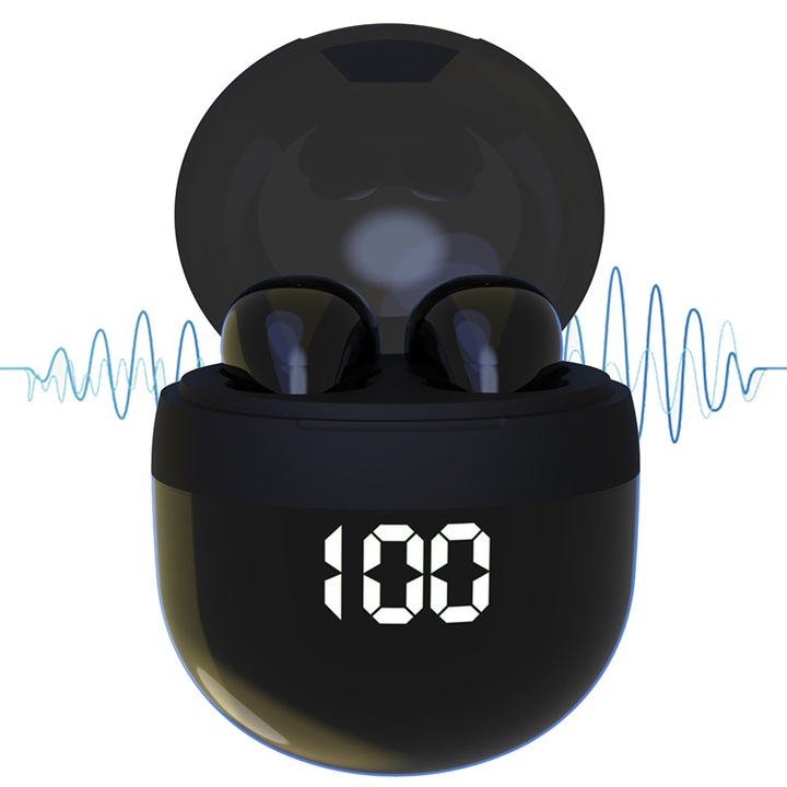 Vezeték nélküli mini Bluetooth fülhallgató, láthatatlan, IPX5 vízálló, töltővel, fekete
