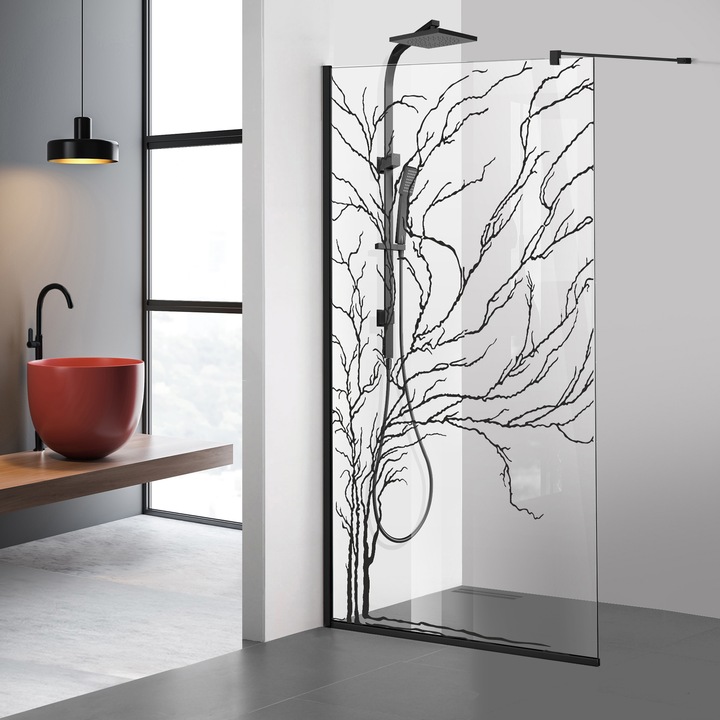 Paravan dus walk-in Aqua Roy ® Black, model Tree negru, feronerie full inox negru mat, sticla 8mm clara, securizata, anticalcar, 60x195 cm