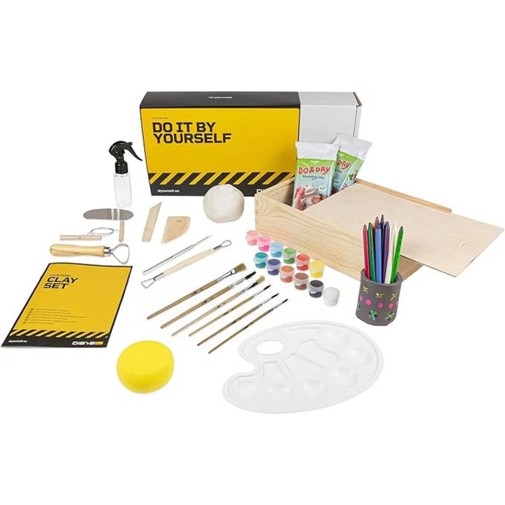 Dibys modellező készlet, fehér agyag, 2x500g, 8 faszerszám, akril színek