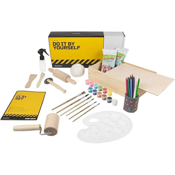 Gyermek modellező készlet, DIBYS, fehér agyag, 2x500g, fa szerszámok, akril színek