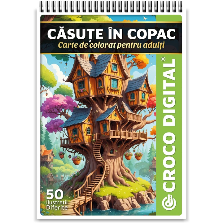 Carte de colorat pentru adulti, Casute in Copac, 50 Ilustratii Antistres pentru Relaxare, 106 pagini, 2024