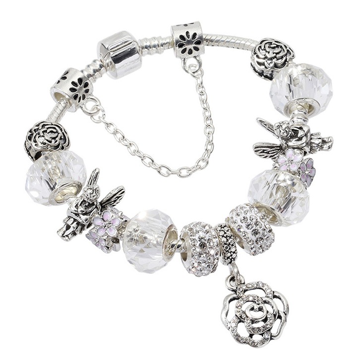 Bratara cu talismane, pandantiv cu cristale si trandafiri, flori si margele colorate, argintiu, 19cm