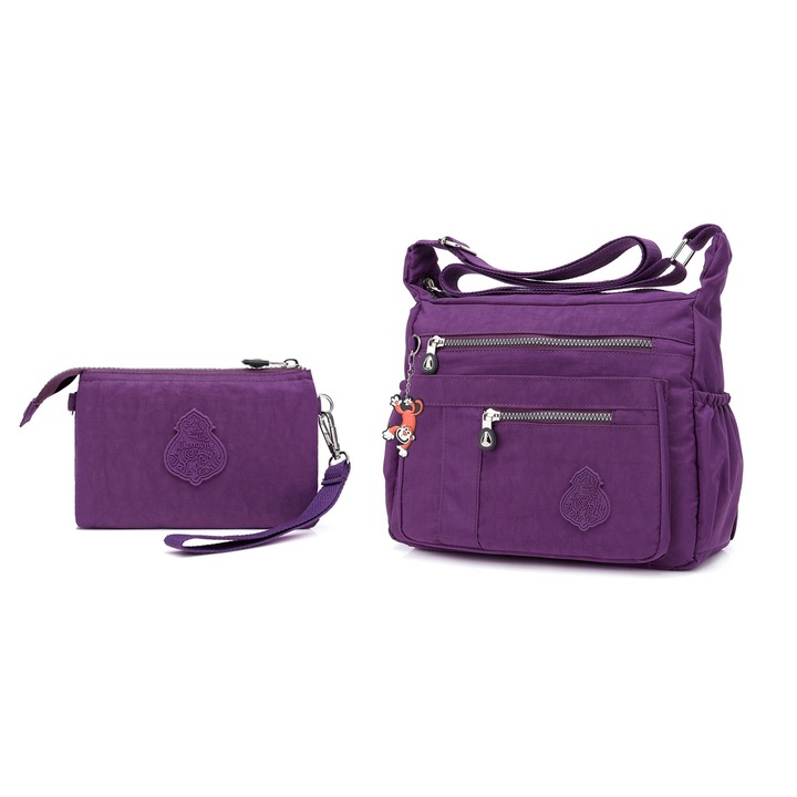 Set 2 Genti Dama, pentru voiaj, HUAERYOUYUE, Geanta de umar Femei, 6 Buzunare cu Fermoar, Material Usor si impermeabil, Compartimente multiple, Mov, 32 x 26 x 11 cm