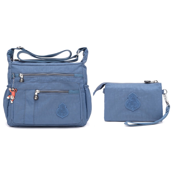 2 db női utazótáska készlet, HUAERYOUYUE, női válltáska, 6 cipzáras zseb, könnyű és vízálló anyag, több rekeszes, Világoskék, 32 x 26 x 11