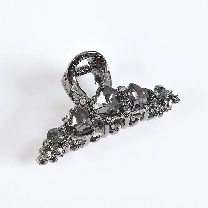 Cleste gri de par cu pietre acrilice in forma de inima 6 cm, Meli Melo Paris