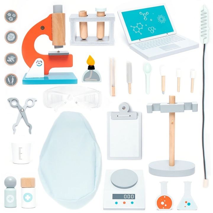 Set de joaca din lemn Laborator stiintific, UMU Toys, 29 piese, microscop, eprubete, de la 3 ani