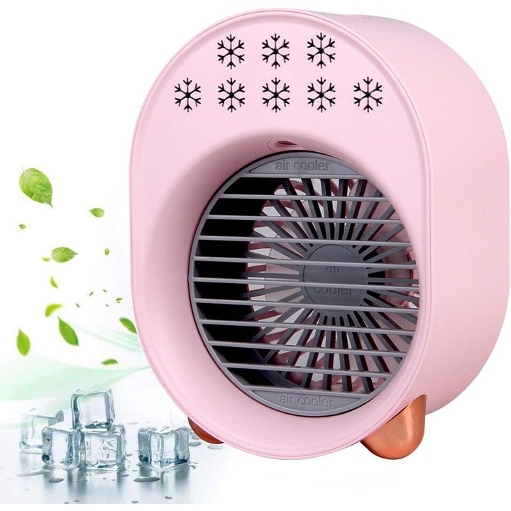 Преносим вентилатор, охладител за въздух, овлажнител, 3 скорости, розов